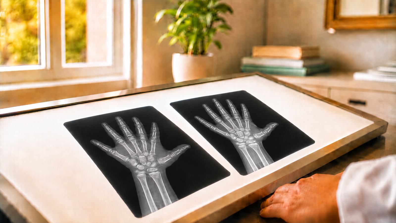 Two hand and wrist radiographs of a child lying side by side on a lightbox beside a sunlit window, each showing the small bones and open growth plates a radiologist reads to estimate skeletal maturity. A clinician's hand rests at the edge of the frame.