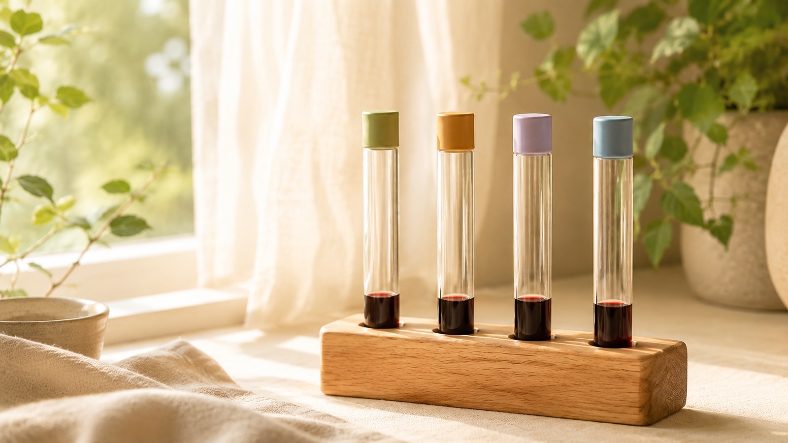 Four small blood-sample tubes with different coloured caps — sage green, gold, lilac and blue — standing in a warm oak rack on a sunlit windowsill beside a leafy plant, calm and domestic rather than clinical.