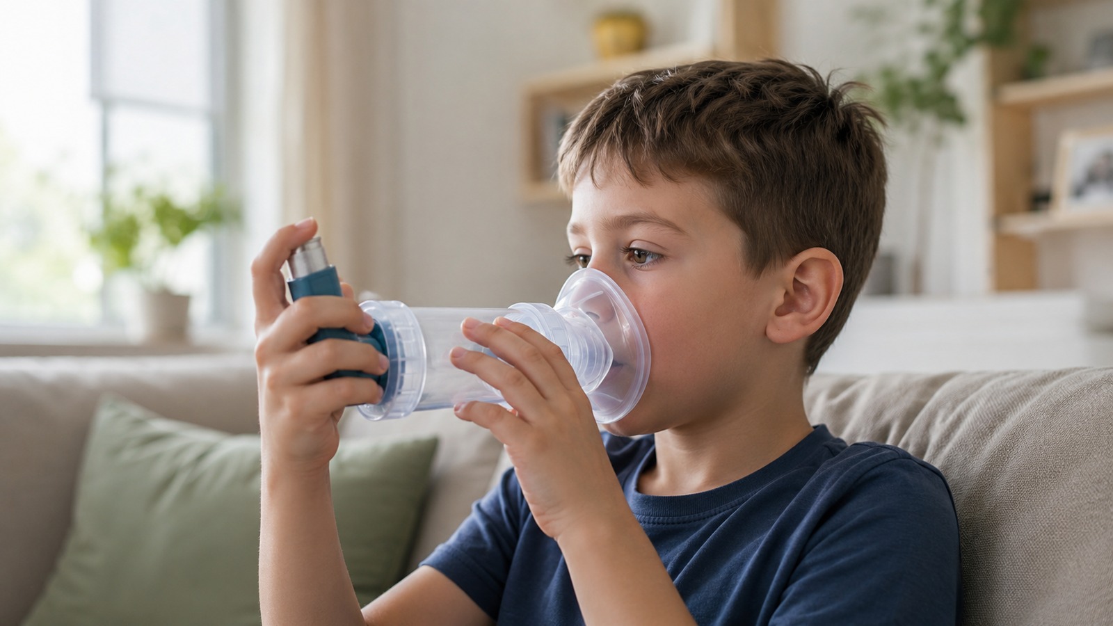 A school-aged child calmly using an asthma inhaler with a spacer in soft daylight — everyday preventer treatment, the quiet middle ground between under- and over-treating.