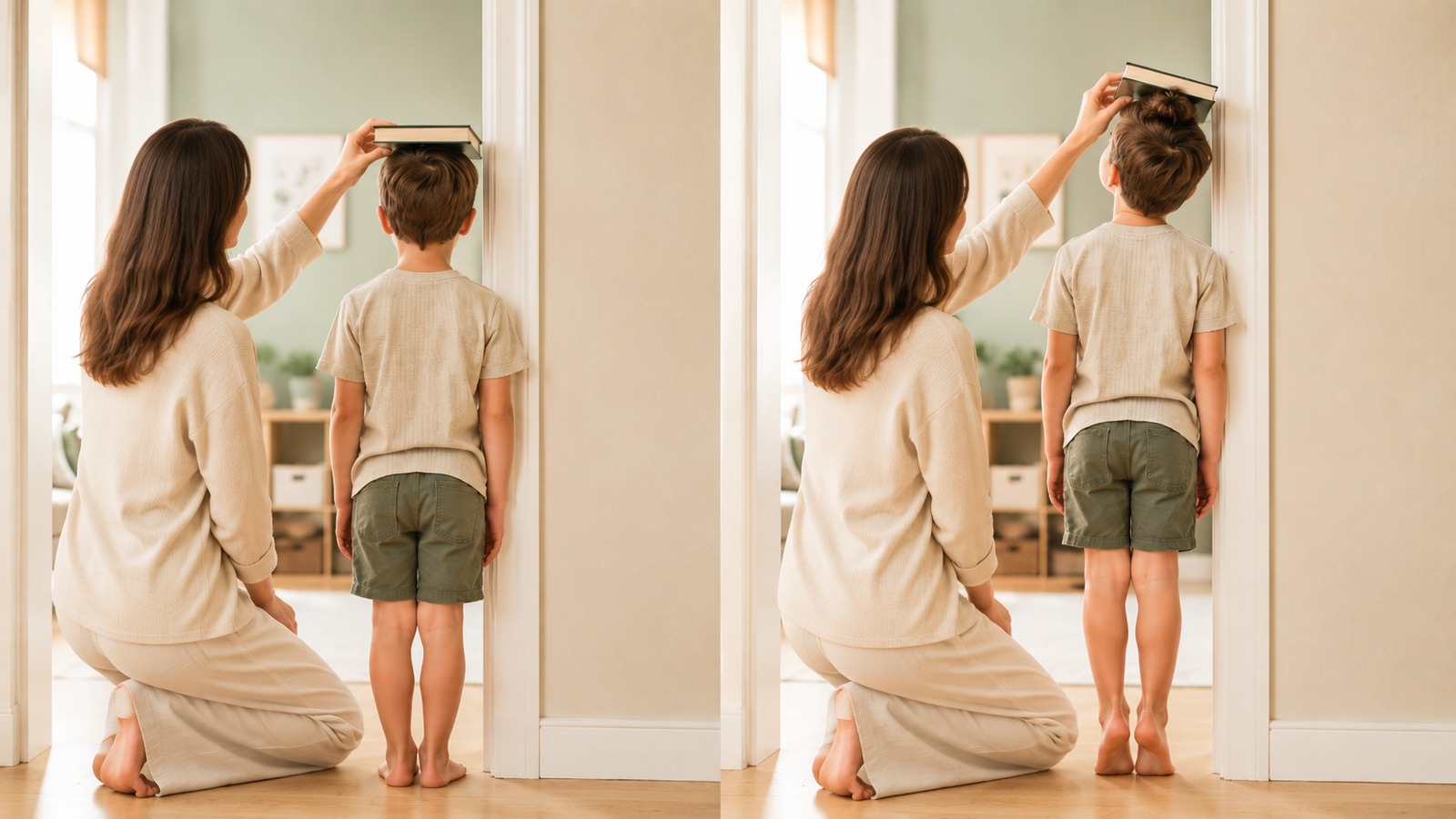 Two photographs side by side of the same child being measured against a doorframe with a hardcover book. On the left the child stands with bare heels flat on the floor and the book level on the crown of the head. On the right the same child is on tiptoes with hair tied in a high bun, and the book rests on top of the bun rather than the skull.