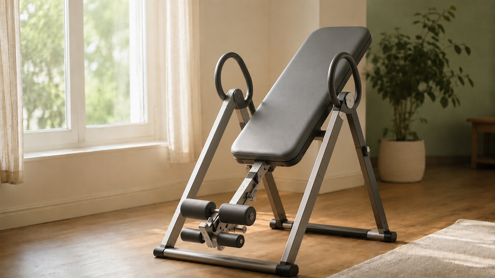 An inversion table standing in a quiet, sunlit room beside a window, empty and unused, its padded backrest and ankle supports catching the morning light.