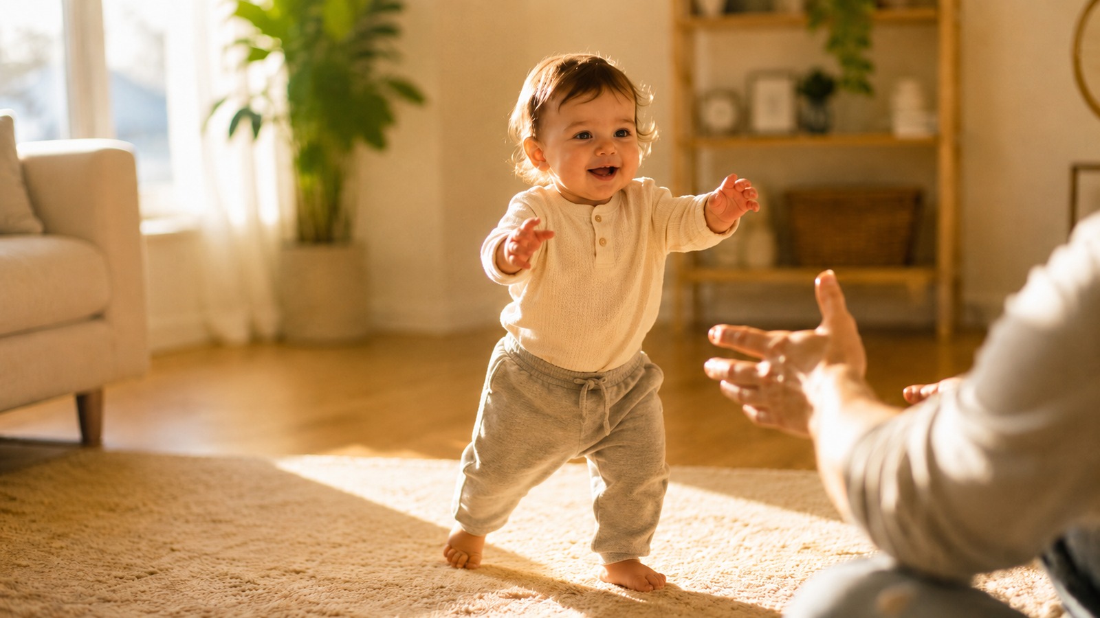 A smiling toddler taking wobbly steps across a sunlit living-room rug toward a parent's open hands — a child growing into their own trajectory over the early years.